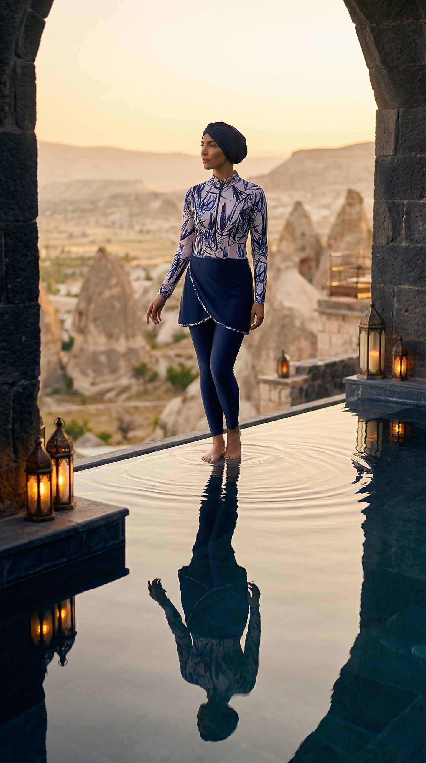 Aria Leaf Burkini Damen kaufen – Blattmuster Blau, Seitenansicht