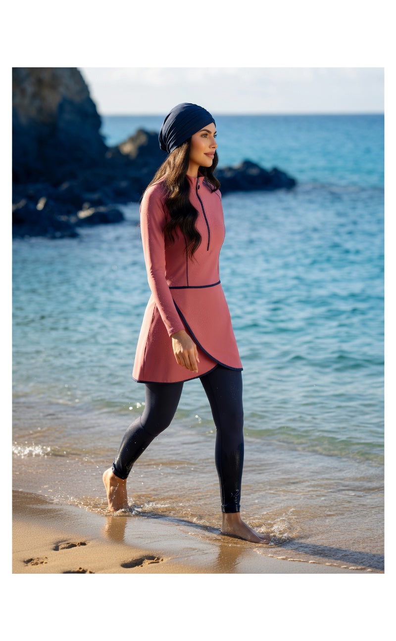 Frau im rosa Burkini am Strand – Sofia Dusty Rose Damen