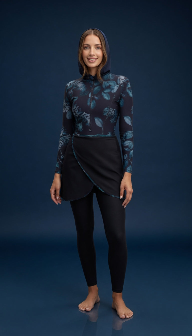 Aria Floral Burkini Damen – Navy Blumenmuster, elegante Vorderansicht