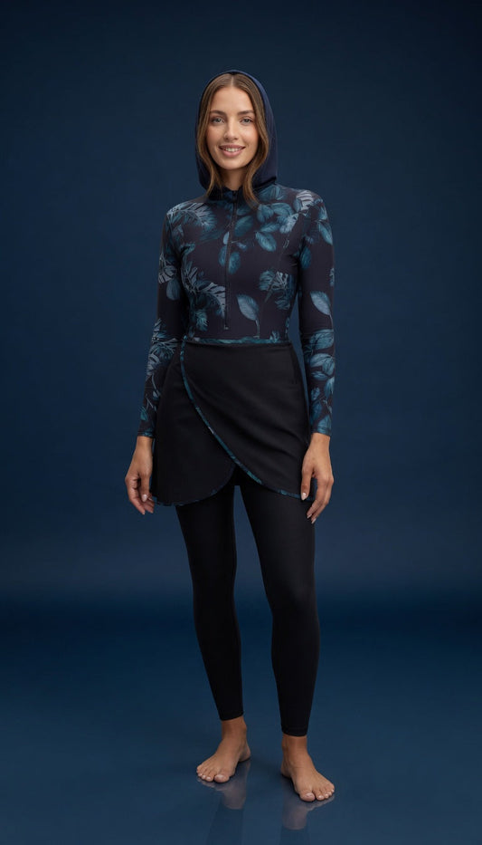 Aria Floral Burkini Damen – Navy Blumenmuster, elegante Vorderansicht