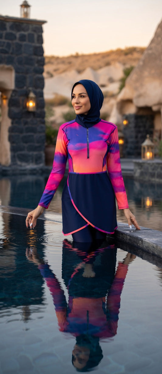 Aria Gradient Burkini Damen am Pool – sanfter Pink Lila Verlauf, Seitenansicht