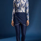 Aria Leaf Burkini Damen Blau – tropisches Blattmuster, Vorderansicht