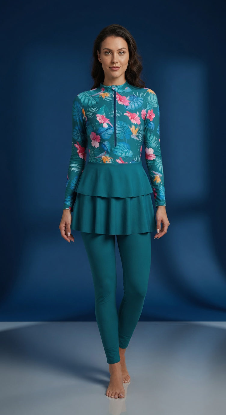 Aria Marble Burkini Damen – edles Marmorprint Design in Blautönen, Vorderansicht