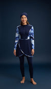 Aria Peacock Burkini Damen – detailreiches Pfauenmuster in Blau Grün, Vorderansicht