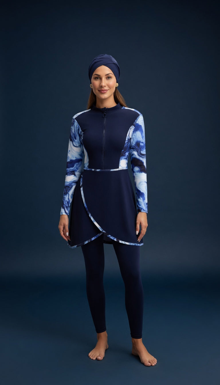 Aria Peacock Burkini Damen – detailreiches Pfauenmuster in Blau Grün, Vorderansicht