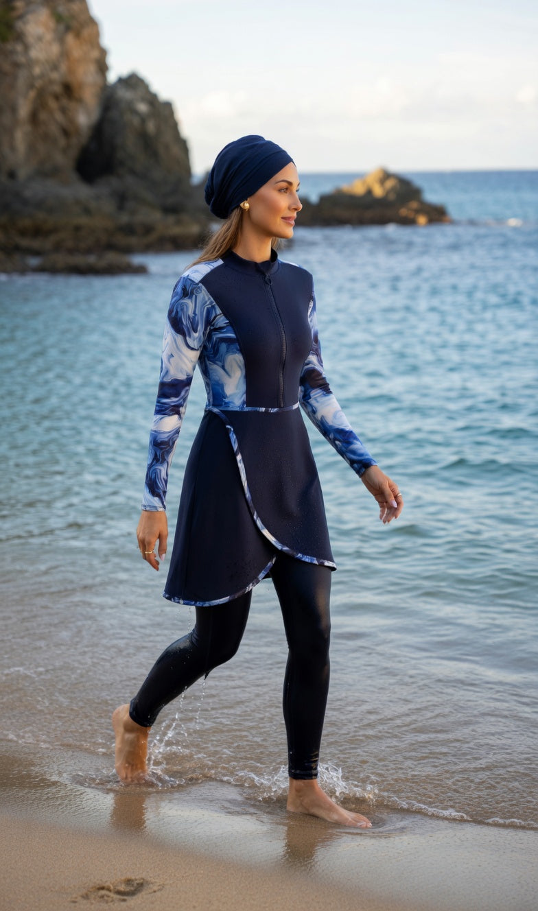 Aria Peacock – Burkini Damen Pfauenmuster kaufen, Strandspaziergang
