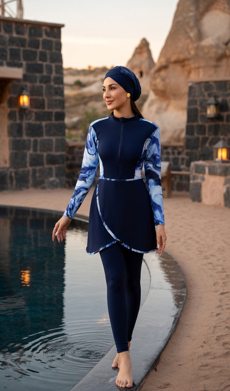 Aria Peacock Burkini Damen am Pool – exotisches Pfauenmuster, Blau Grün