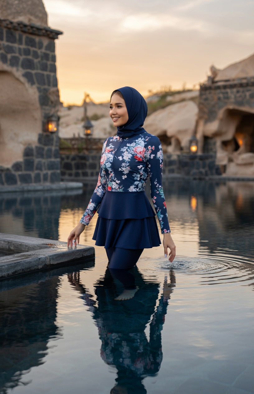 Aria Peplum Burkini Damen Navy – Poolansicht im Sonnenuntergang