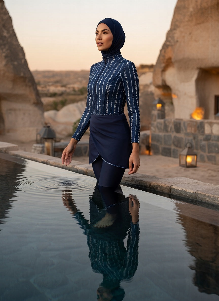 Aria Spark – Burkini Damen kaufen mit modernem Navy Streifen Muster