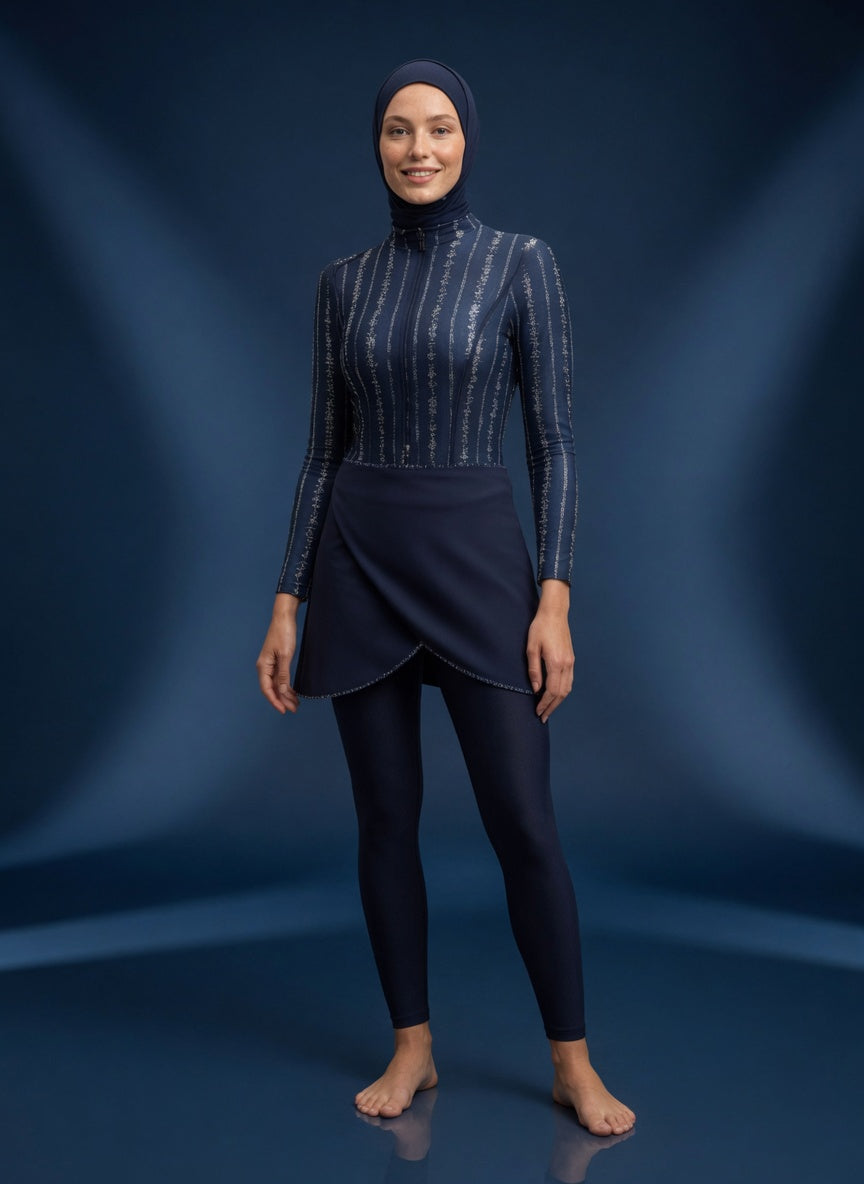 Aria Spark Burkini Damen – Navy Streifen Design, Vorderansicht