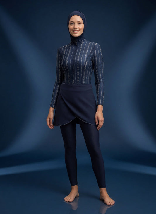 Aria Spark Burkini Damen – Navy Streifen Design, Vorderansicht