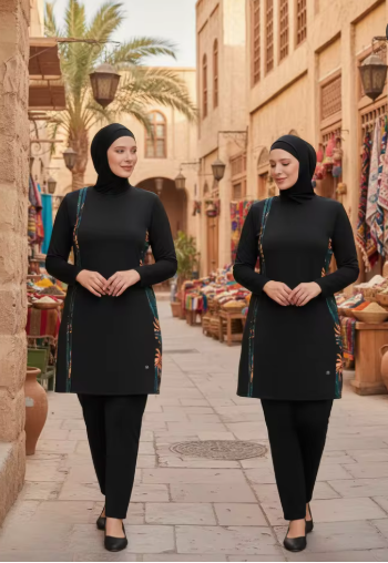 Burkini Damen Plus Size Rose - Strandansicht kurvige Frau
