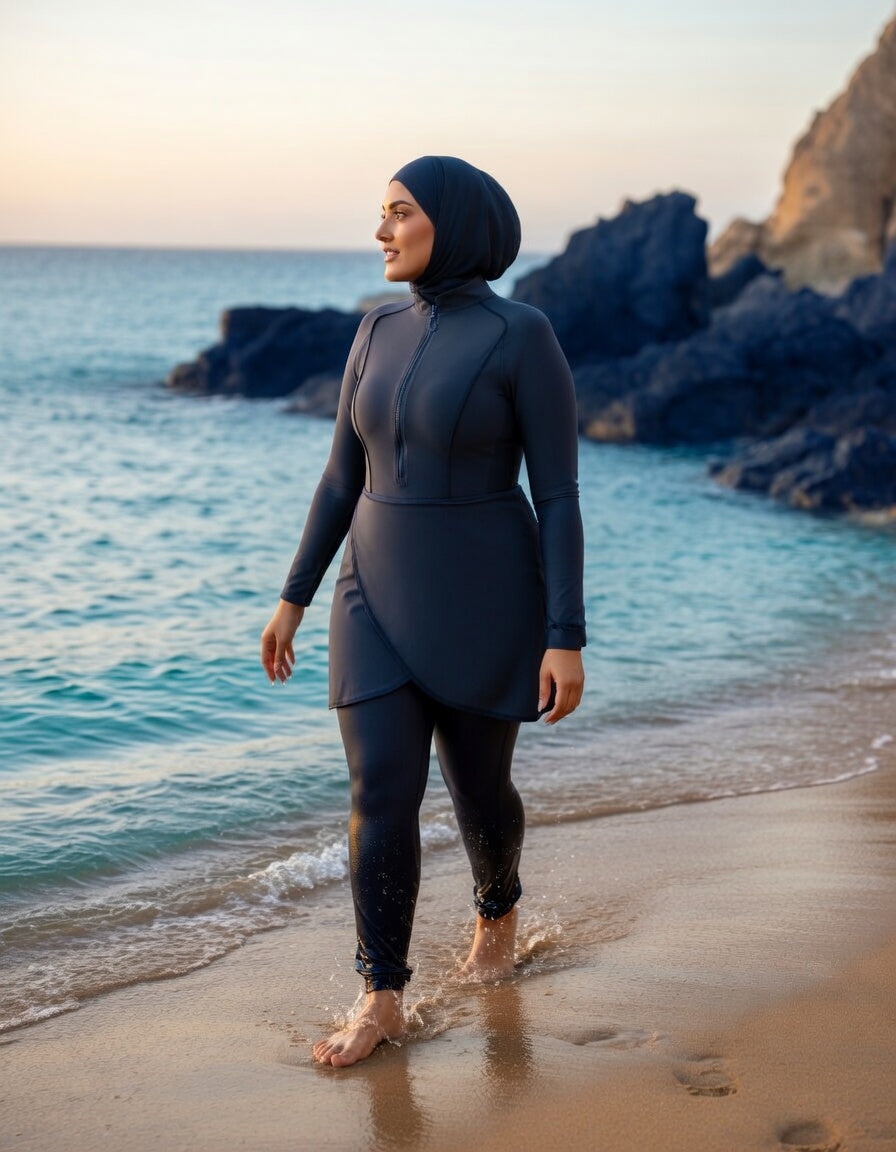 Luna Plus Marineblau – Burkini Große Größen Detailansicht