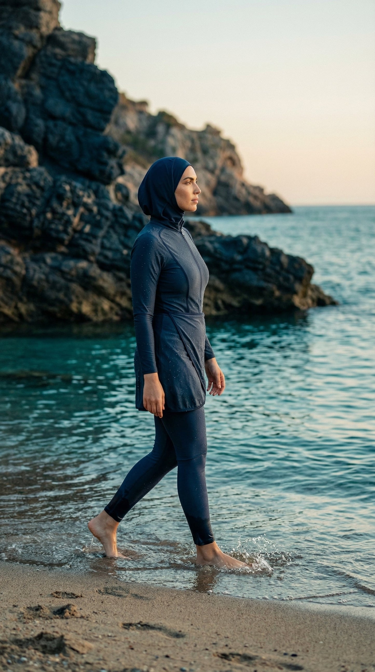 Frau im marineblauem Burkini am Strand – Sofia Modest Swim