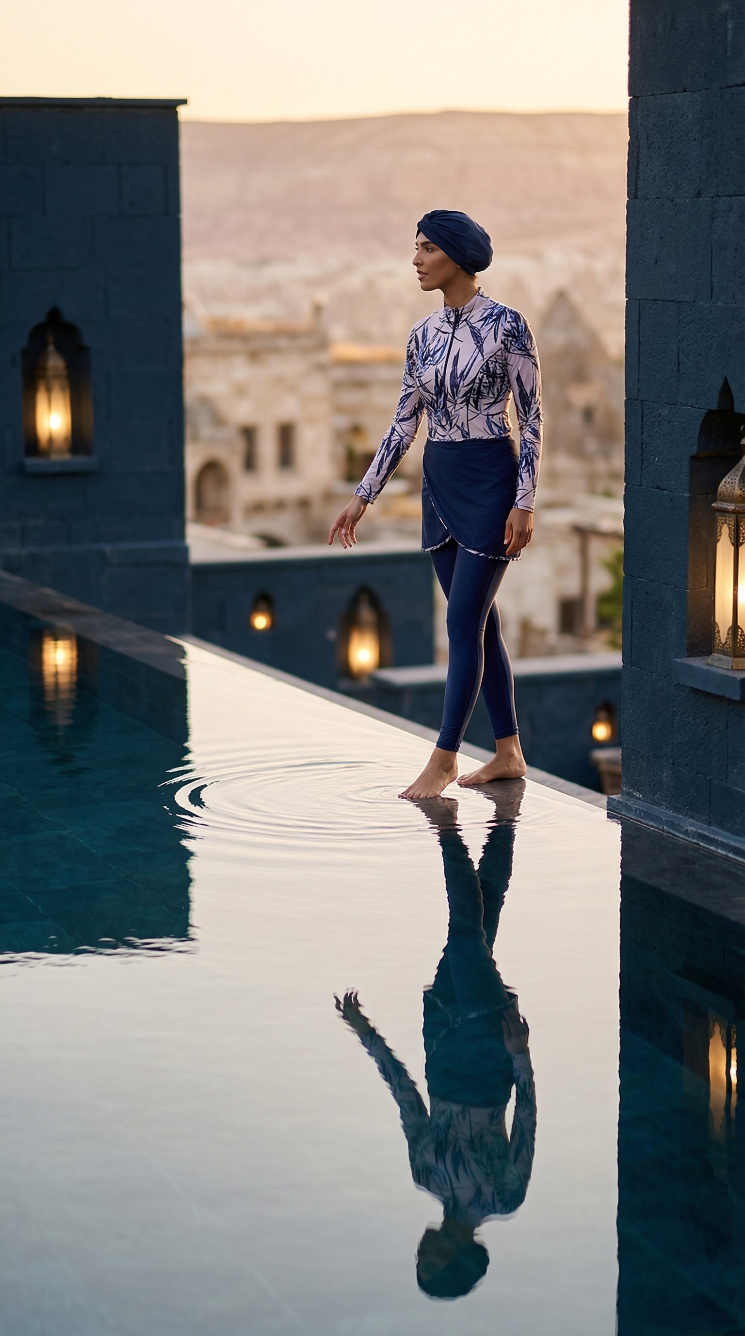 Aria Leaf – Burkini Damen mit naturinspiriertem Blattmuster in Blautönen