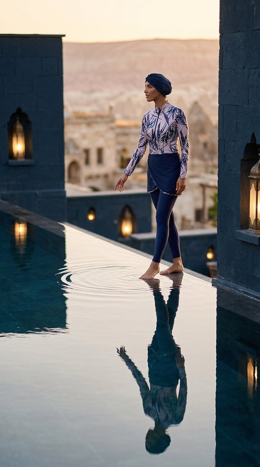 Aria Leaf – Burkini Damen mit naturinspiriertem Blattmuster in Blautönen
