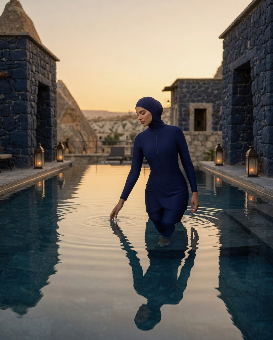 Muslim Woman in a blue swimsuit standing in a pool with stone buildings and lanterns in the background.